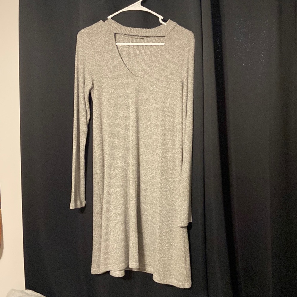 gray sweater dress with cut out front